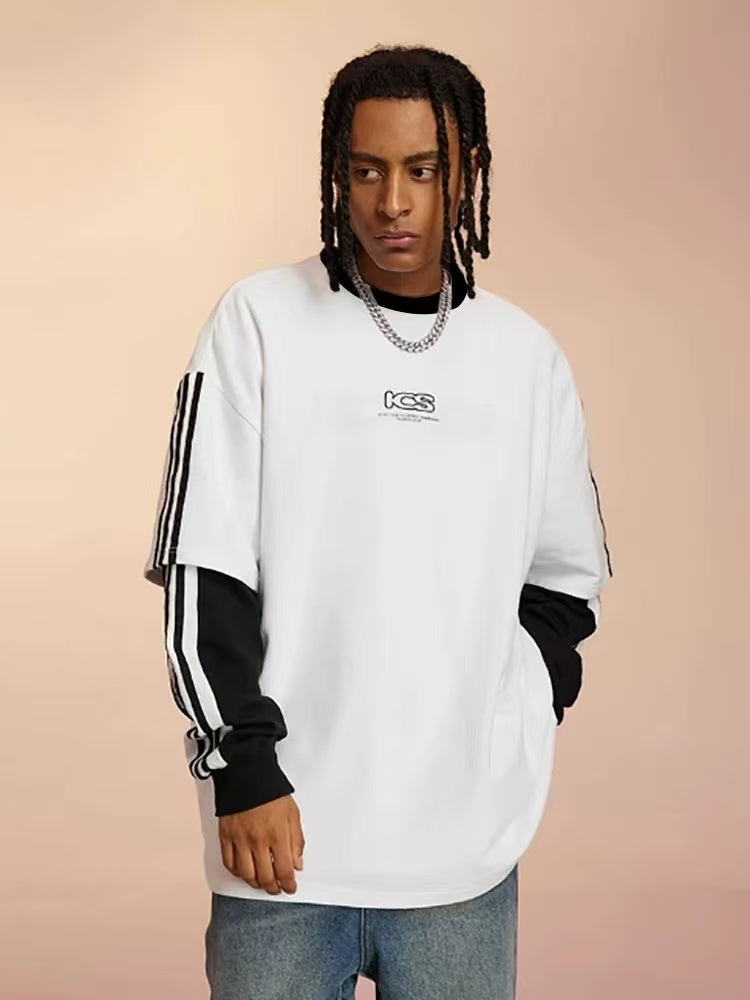 ICONSLAB Striped Webbing Fake Two-piece loose Pullover Crew Neck Sweatshirt