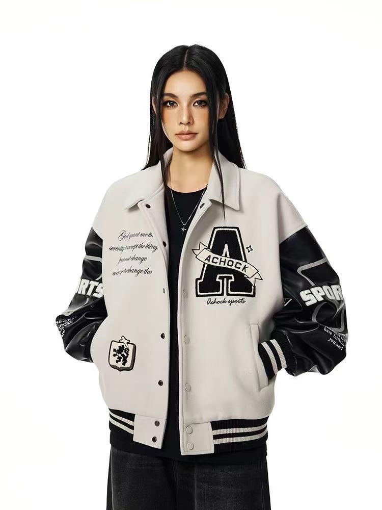 ACHOCK Embroidered Lapel Vintage Baseball Jacket