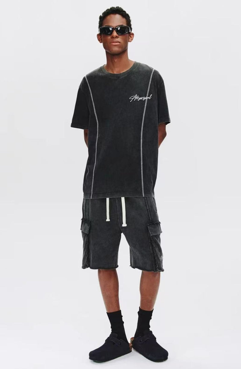 ATRY Washed Distressed Topstitch Embroidered T-shirt