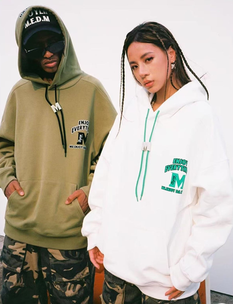 MEDM M Button Drawstring with Letter Print Hoodie