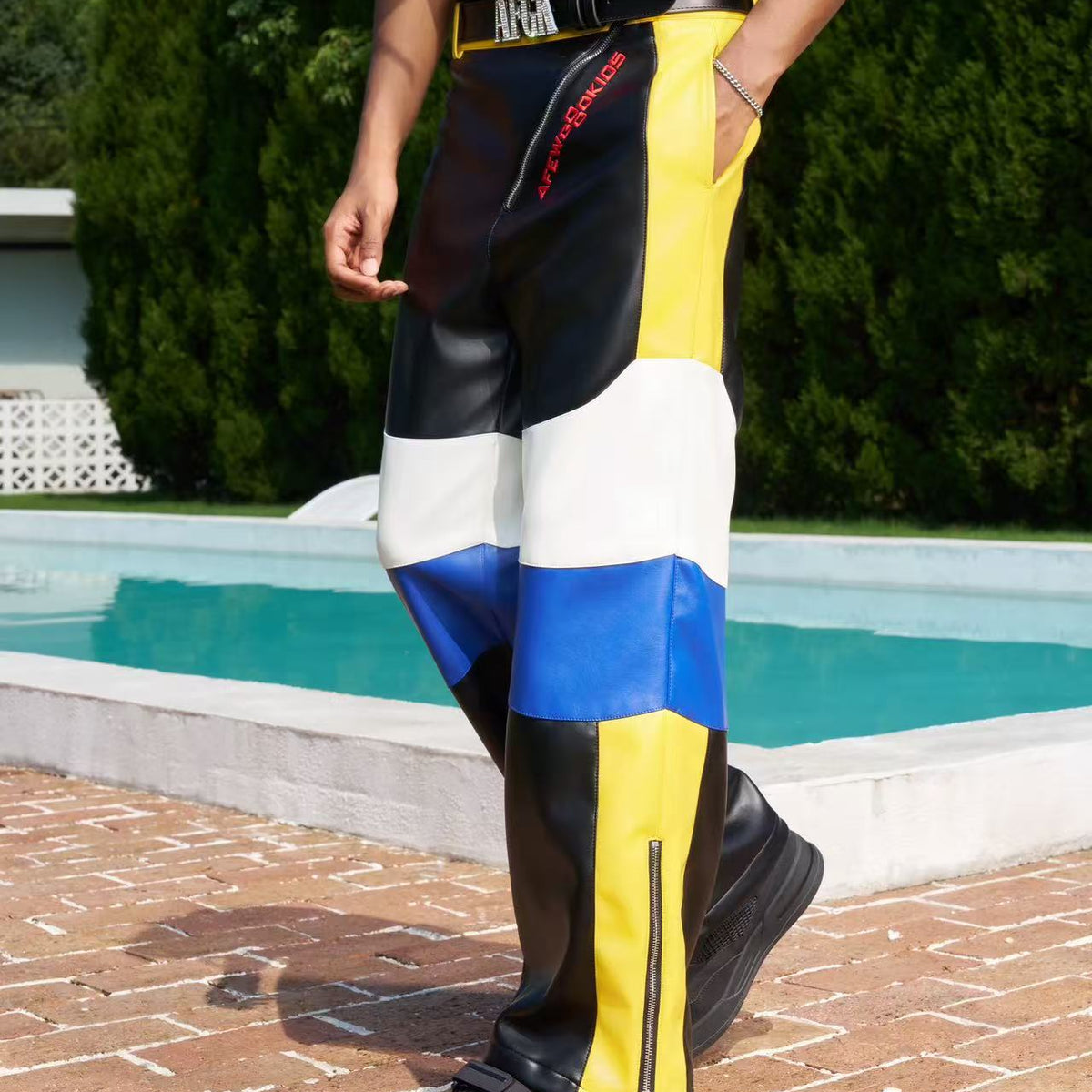 AFGK Street Black and Yellow Contrast Zipper Leather Pants