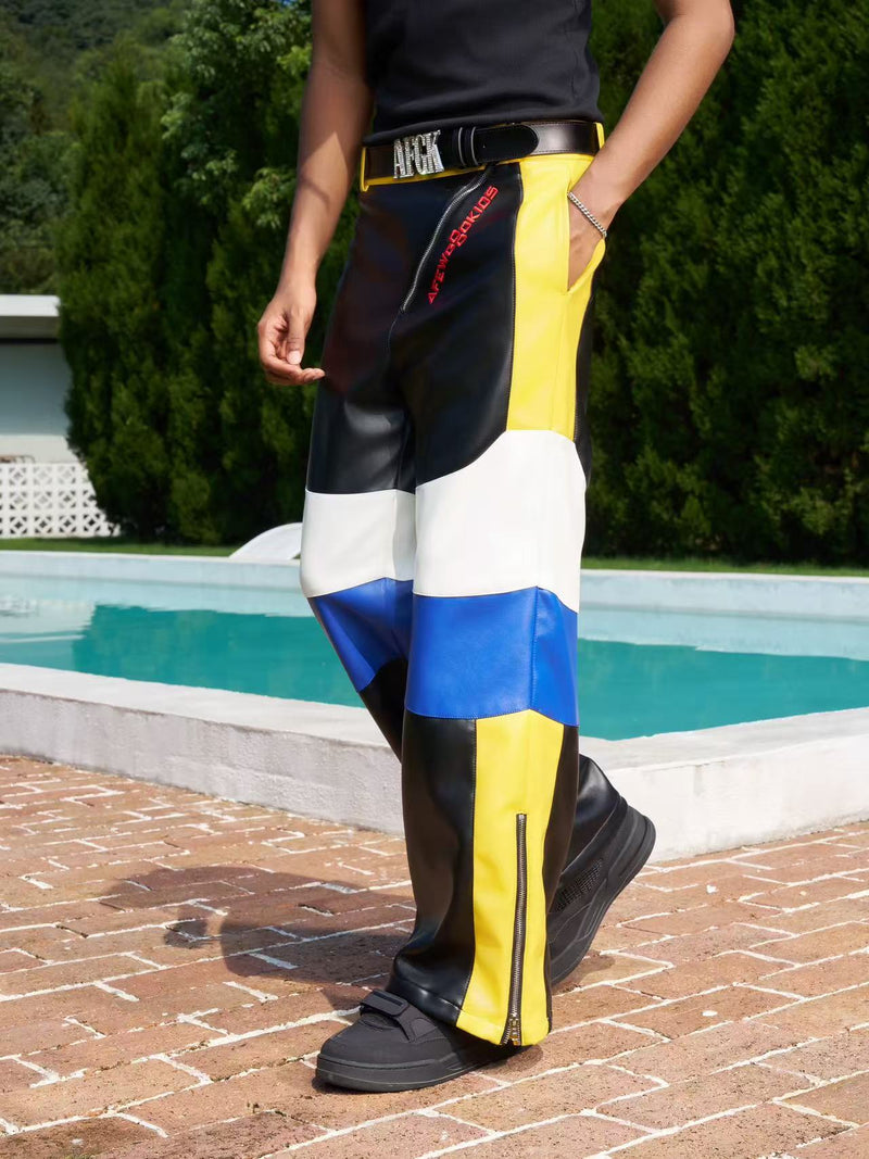 AFGK Street Black and Yellow Contrast Zipper Leather Pants