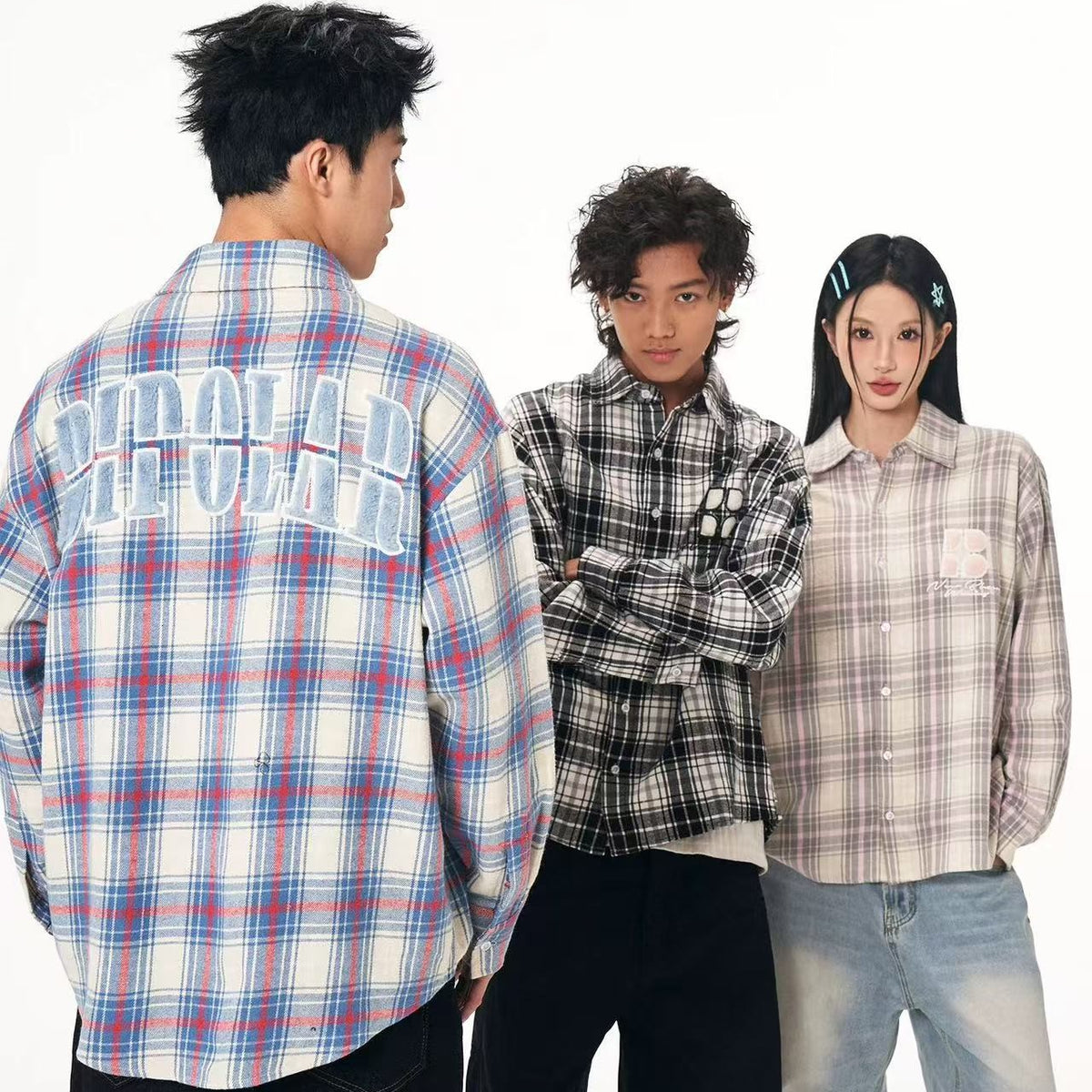 BIPOLAR Fleece patchwork Brushed Contrast plaid Tops