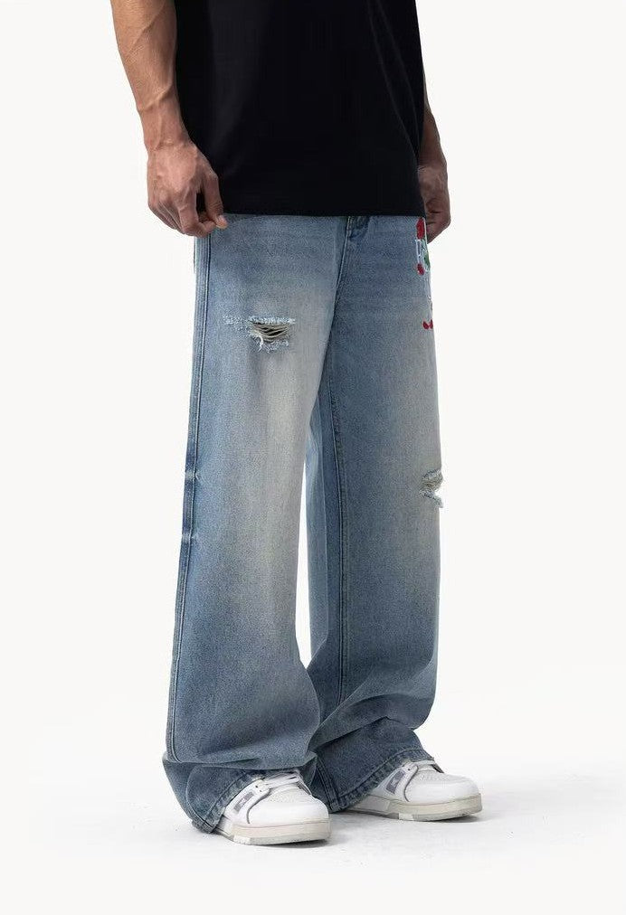 FDR Rose Embroidered Ripped Jeans
