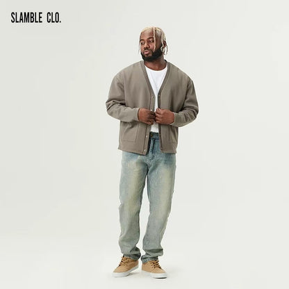 SLAMBLE Knitted Casual Solid Color V-neck Jacket