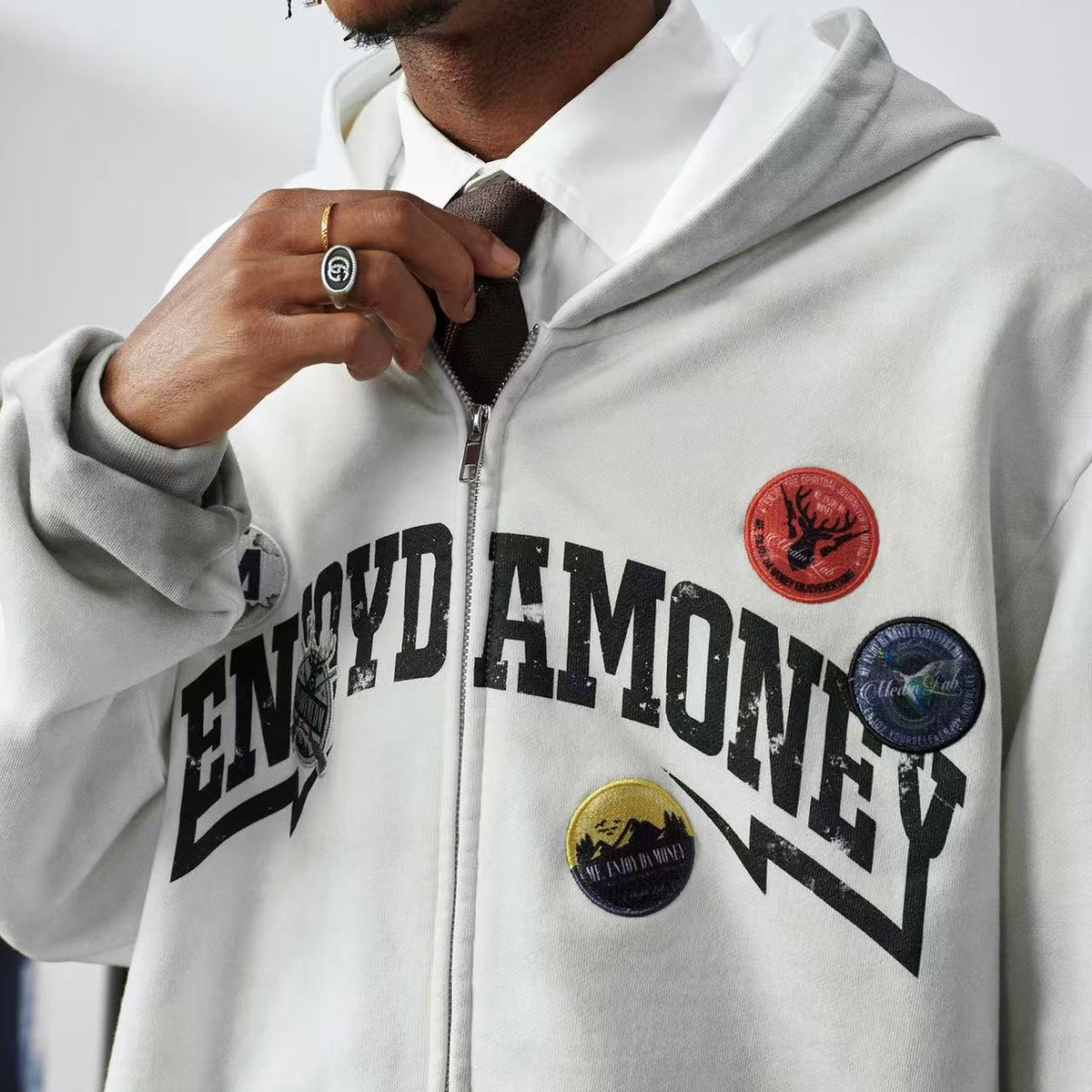 MEDM Hunting Theme Distressed Washed Zipper Hoodie