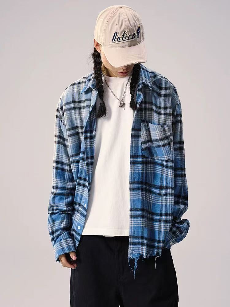 REMEDY Washed Gradient Long-sleeved Plaid Shirt