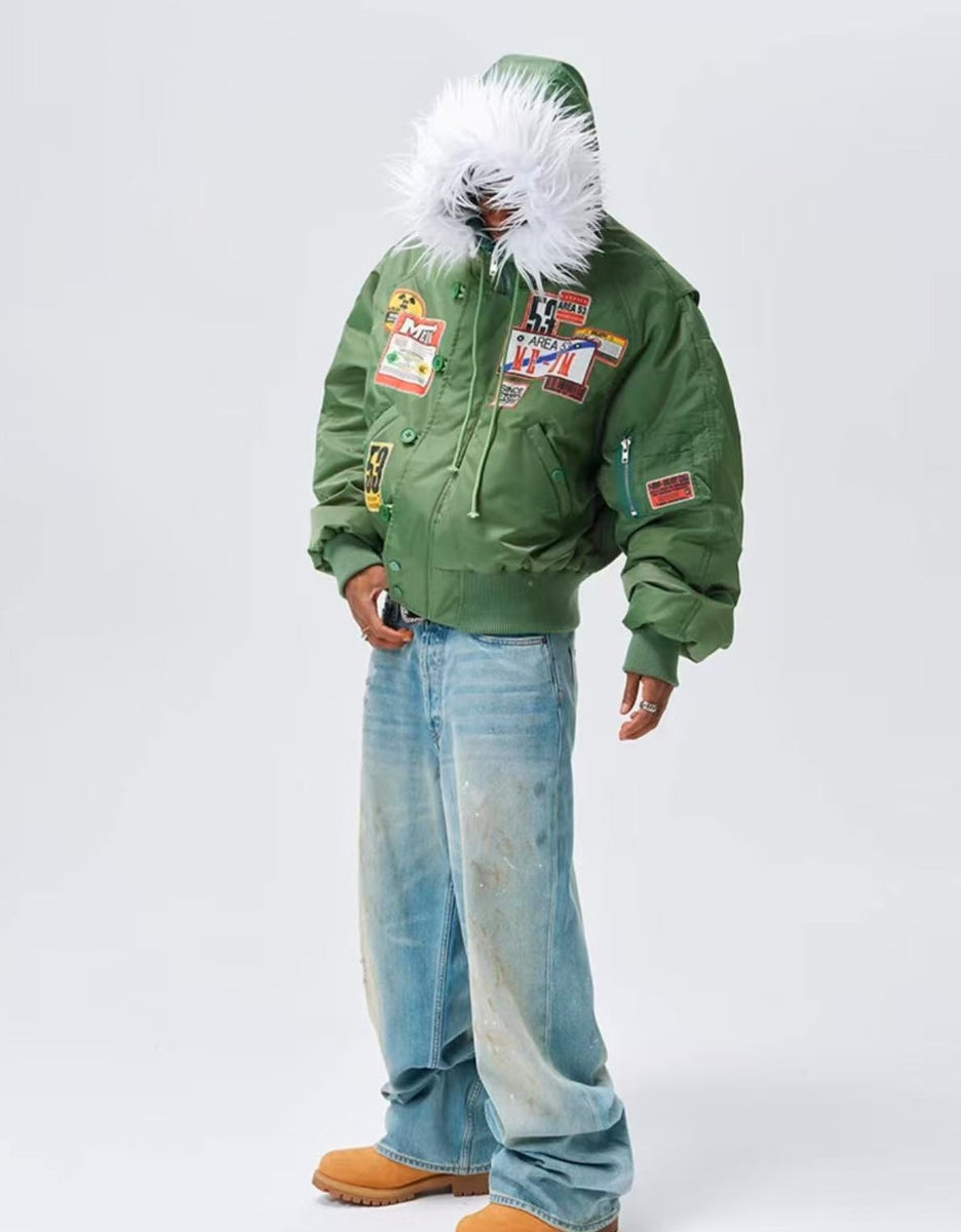 MEDM MA1 Down Jacket with License Plate Patch and Fur Collar Hood