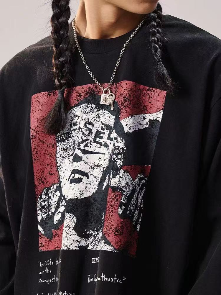REMEDY Retro Distressed Printing Long-sleeve Tee