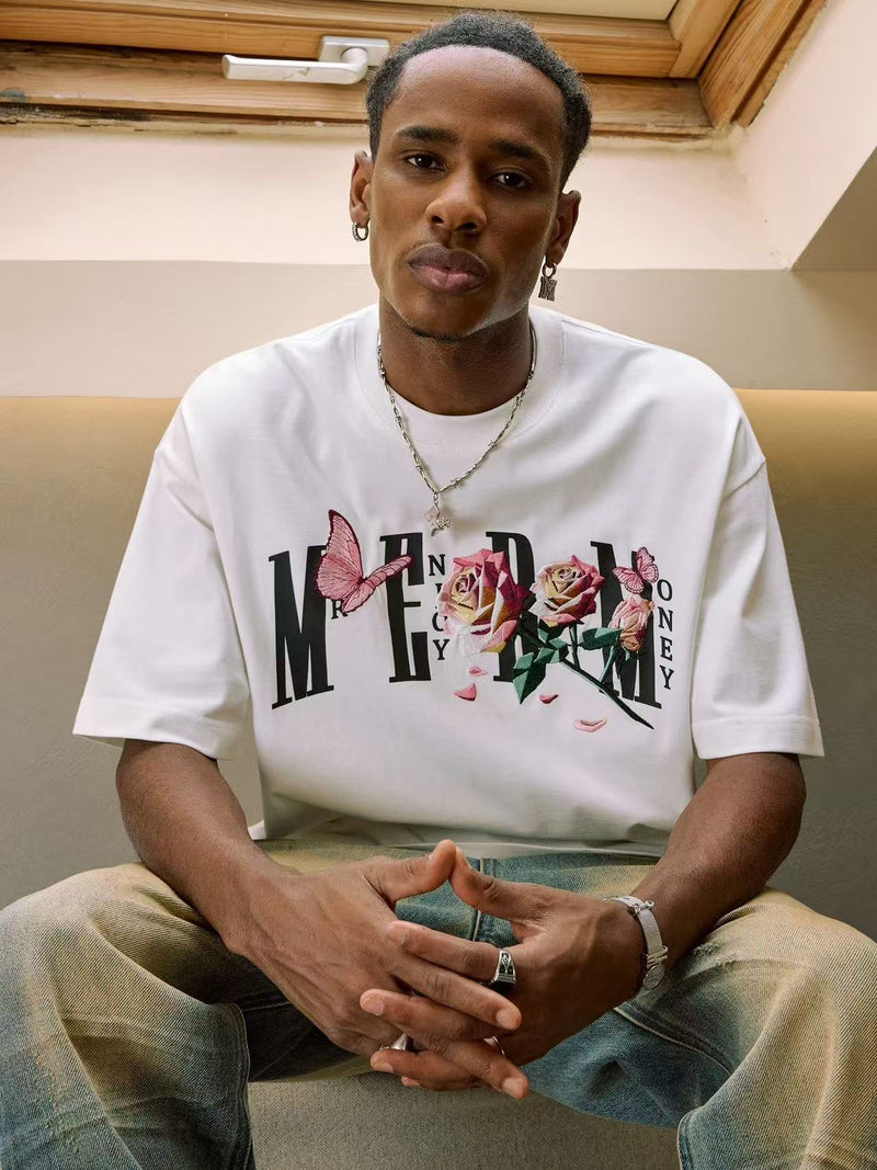 MEDM Origami Slice Rose Butterfly Embroidered Short-sleeved T-shirt