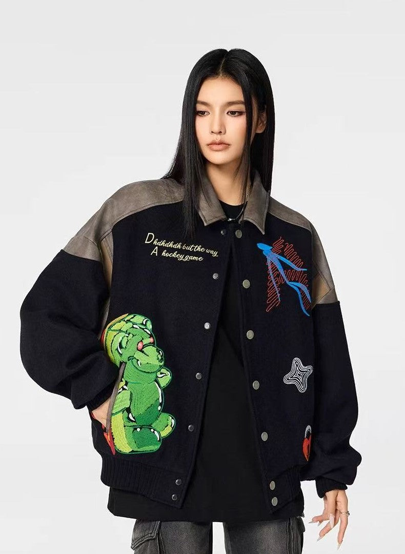 ACHOCK Heavy-duty Cartoon Embroidered Baseball Jacket