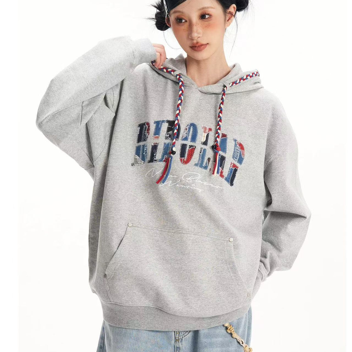 BIPOLAR Denim Patchwork Plaid Hoodie