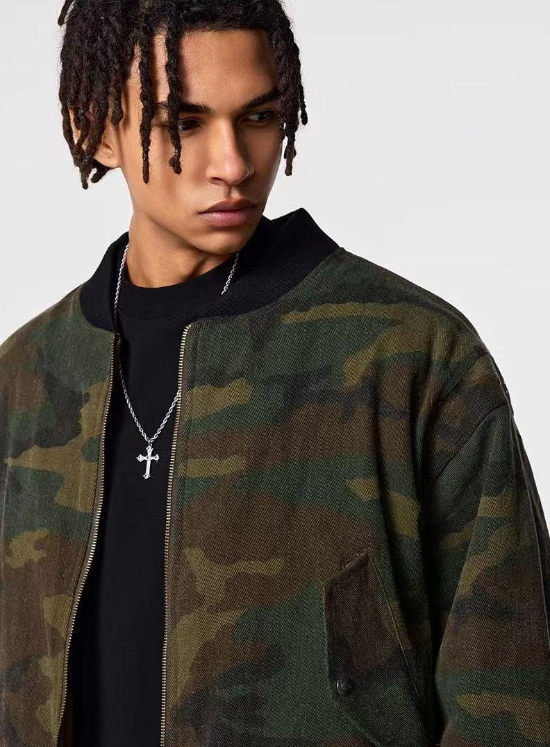 ACHOCK Washed Distressed Camouflage Cotton Bomber Jacket
