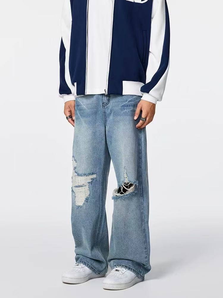 ACHOCK Butterfly Stitching Retro Ripped Jeans