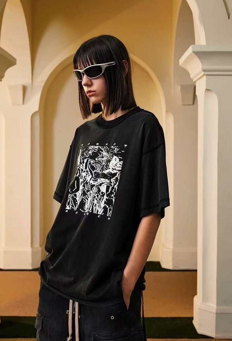 ACHOCK Washed Distressed Printed T-shirt