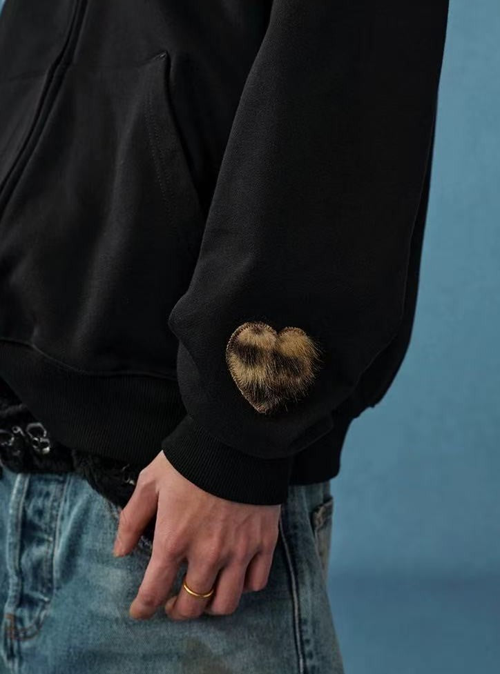 MEDM Distressed Font Heart Plush Leopard Print Zip Hoodie
