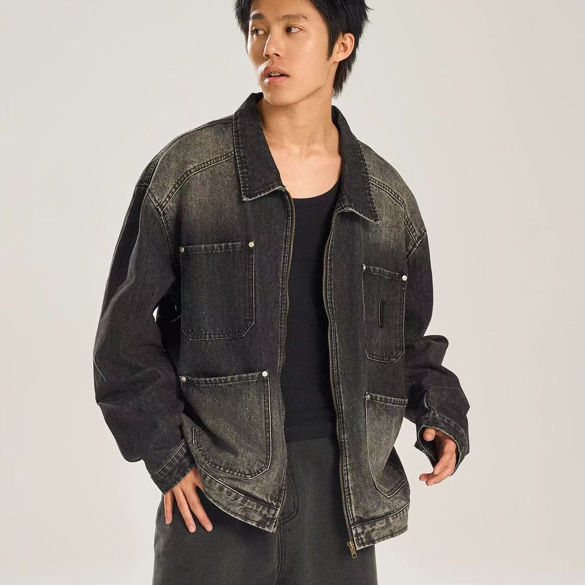 BIPOLAR Retro Distressed Design Washed Denim Jacket