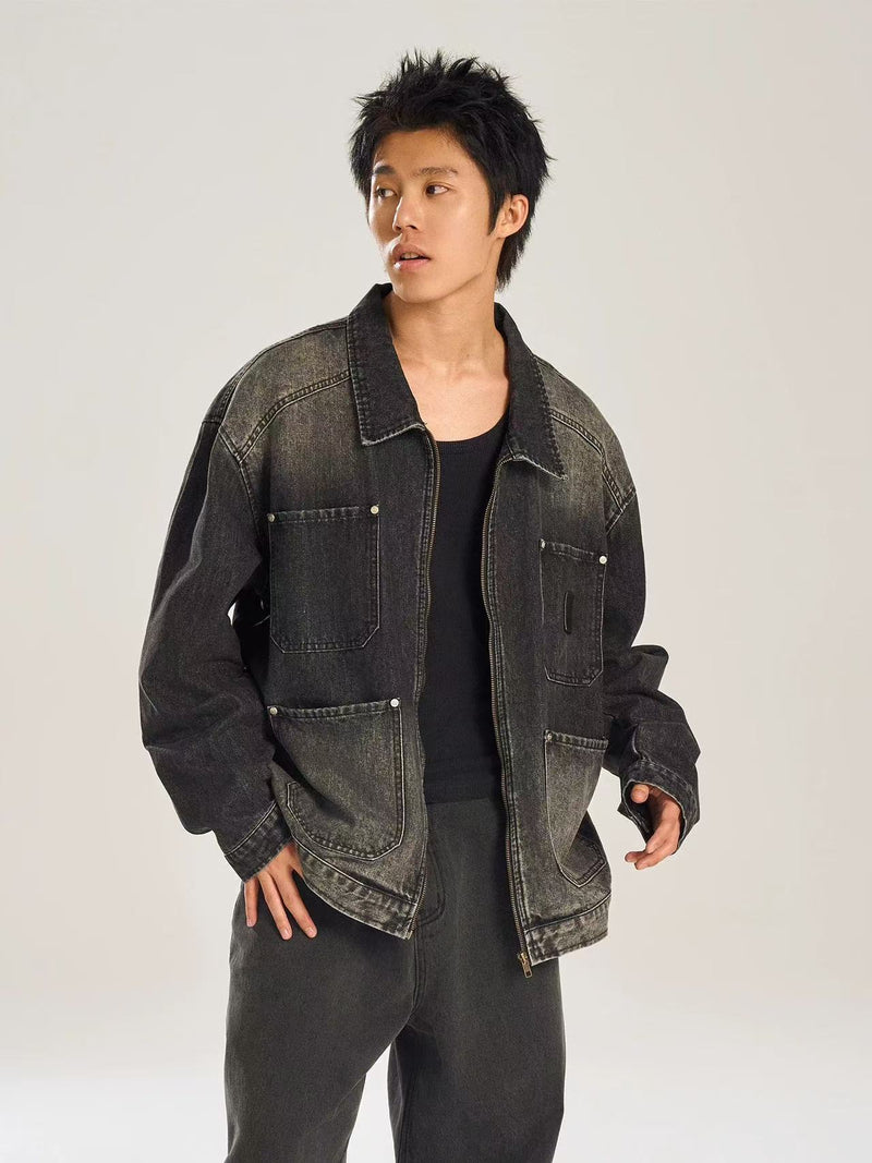 BIPOLAR Retro Distressed Design Washed Denim Jacket