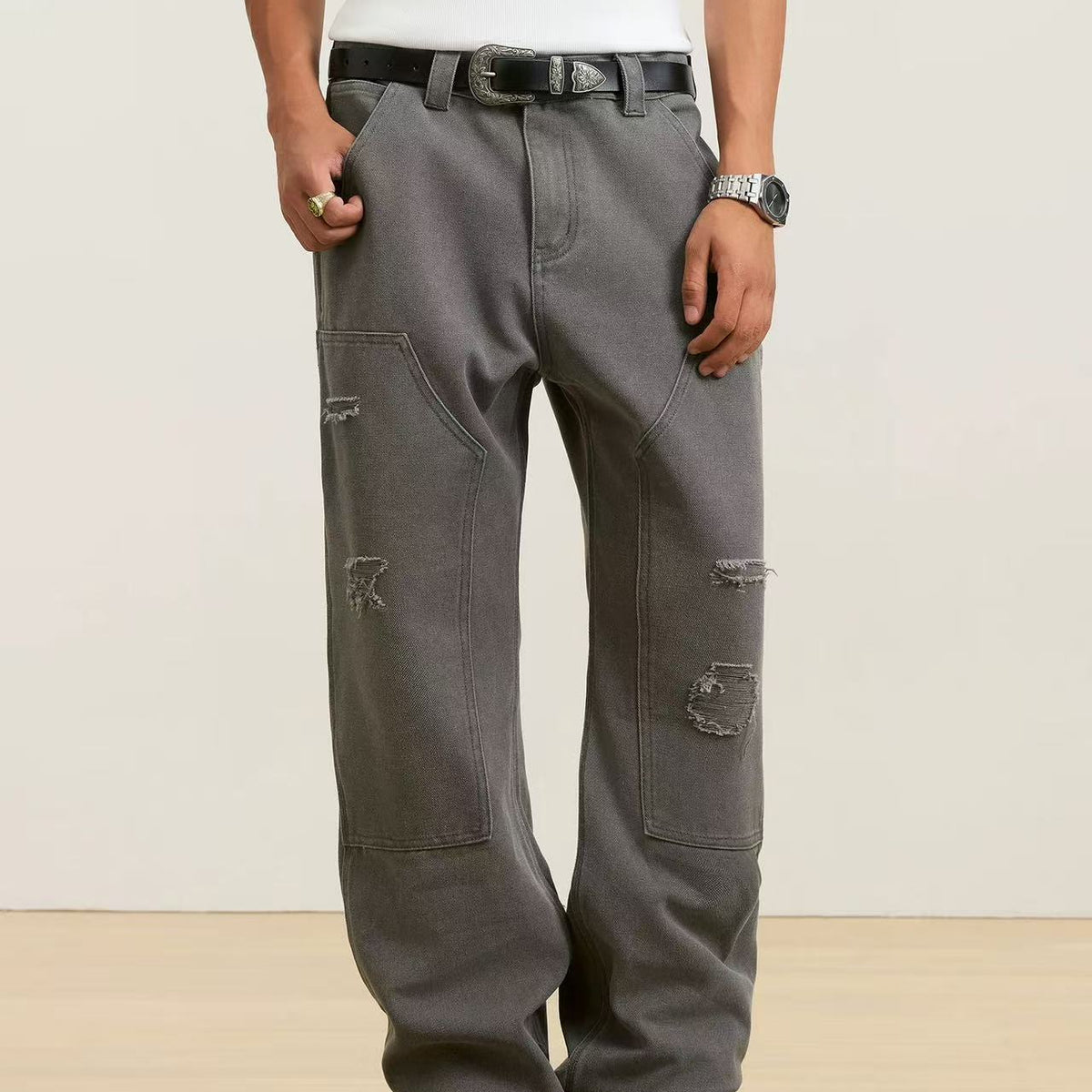STK Washed Distressed Patchwork Jeans