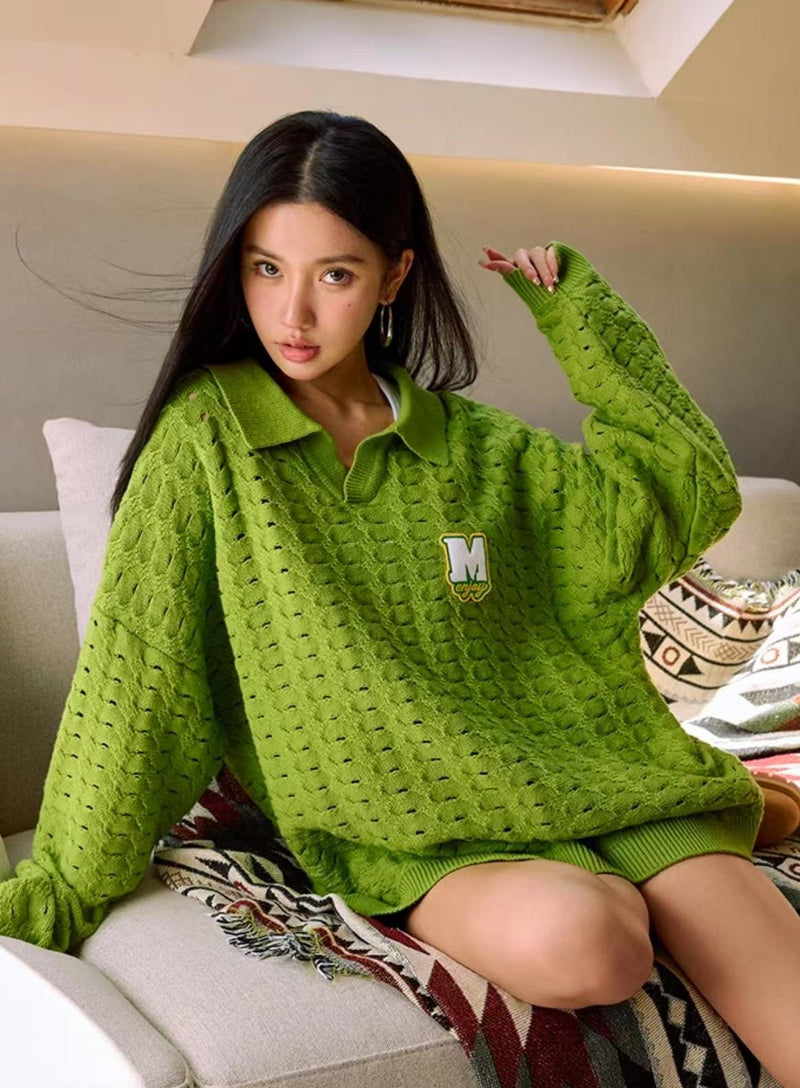 MEDM Hole Knit Long-sleeve Polo