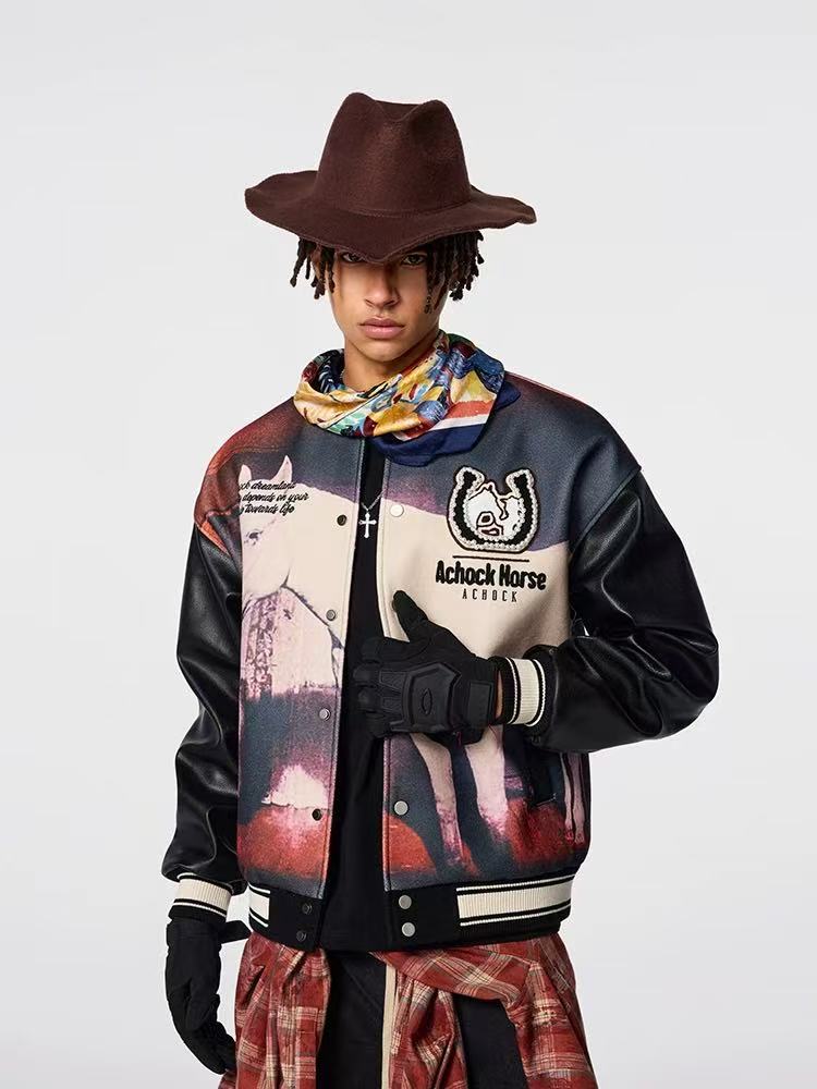 ACHOCK Vintage Western Cowboy Full Printing Hot Drill Jacket
