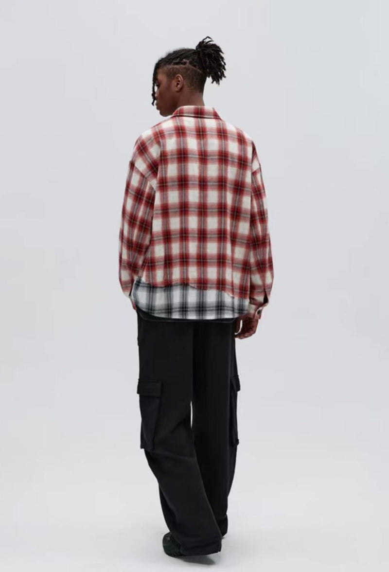 ATRY Plaid Paneled Raw Edge Long-sleeved Shirt