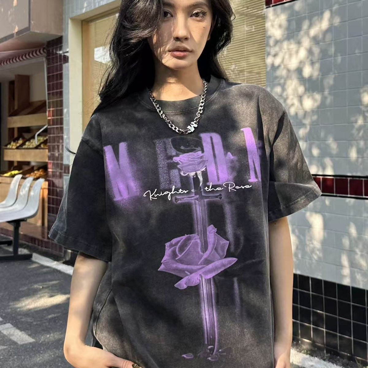 MEDM Sword and Rose" Thermosetting Oil Printed Short-sleeved T-shirt