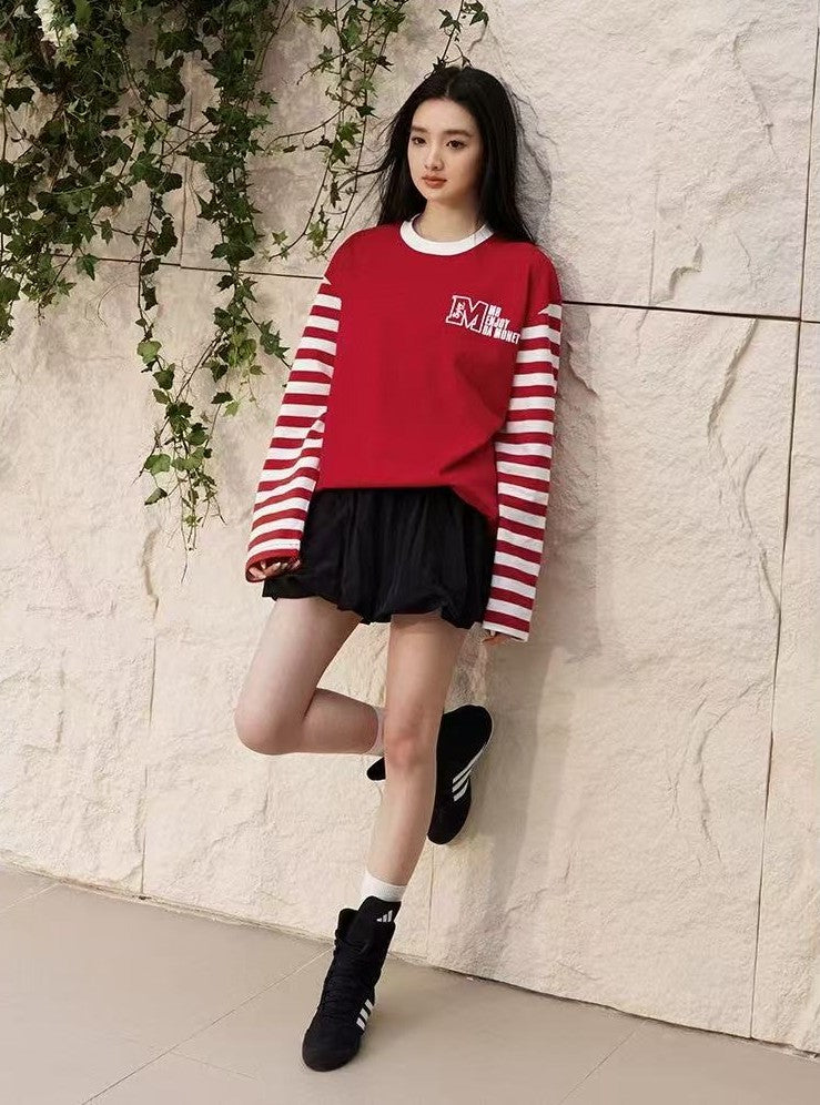 MEDM Contrast Collar Striped Long-sleeve T-Shirt
