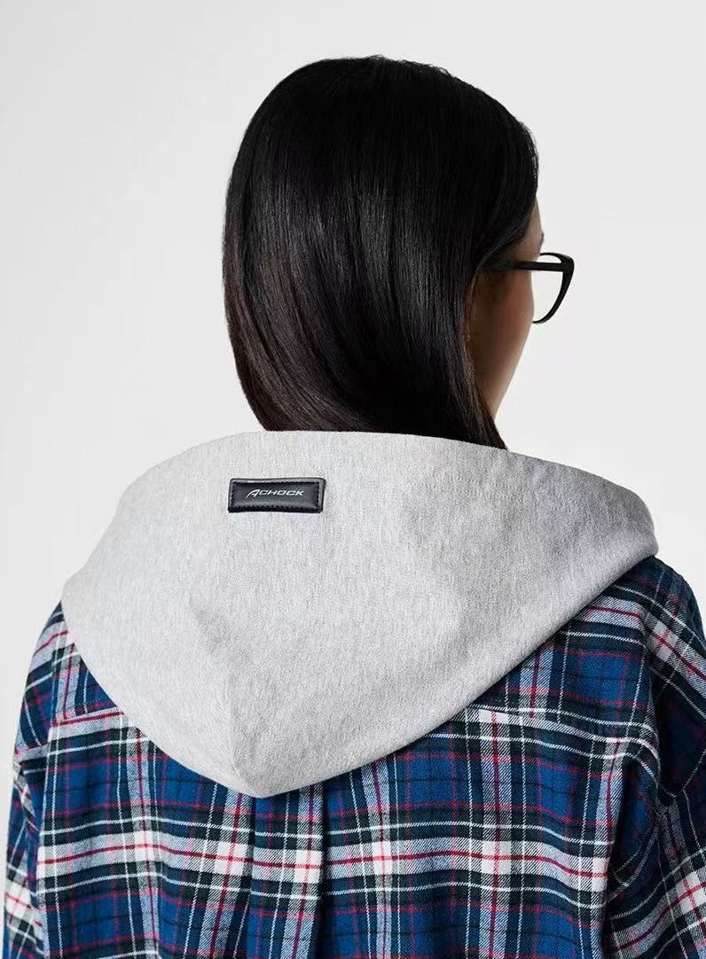 ACHOCK Contrast Blue Plaid Hooded Long-sleeve Shirt
