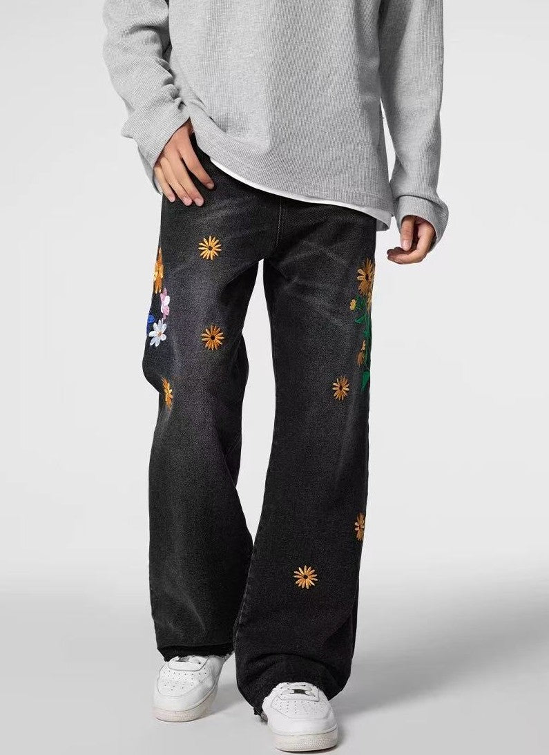 ACHOCK Heavy Wash Floral Embroidered Jeans