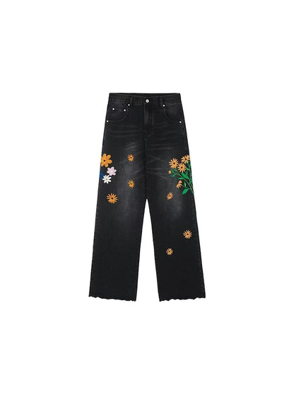ACHOCK Washed Sun-Flower Embroidered Jeans