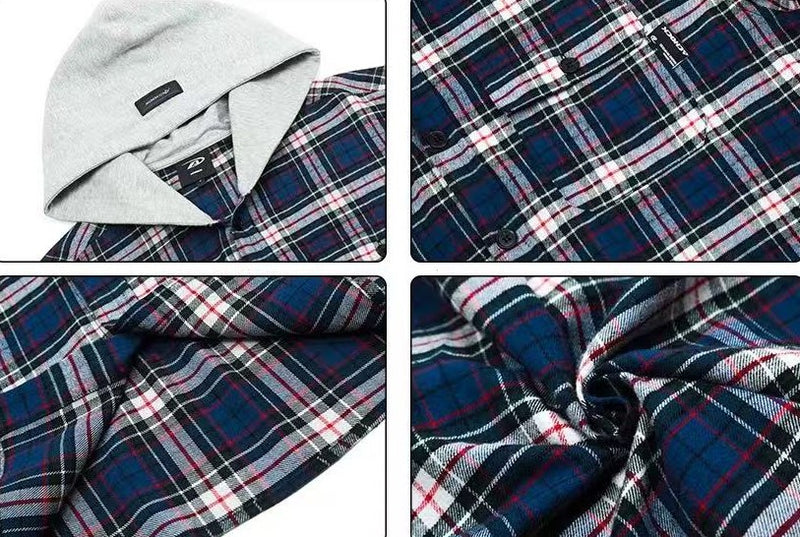 ACHOCK Contrast Blue Plaid Hooded Long-sleeve Shirt