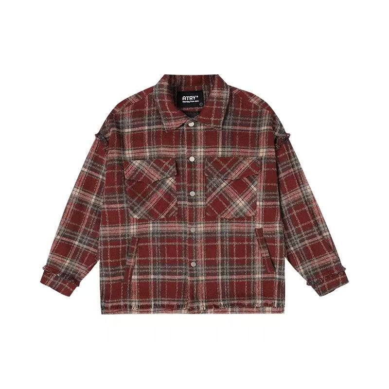 ATRY Washed Distressed Vintage Plaid Raw Edge Jacket