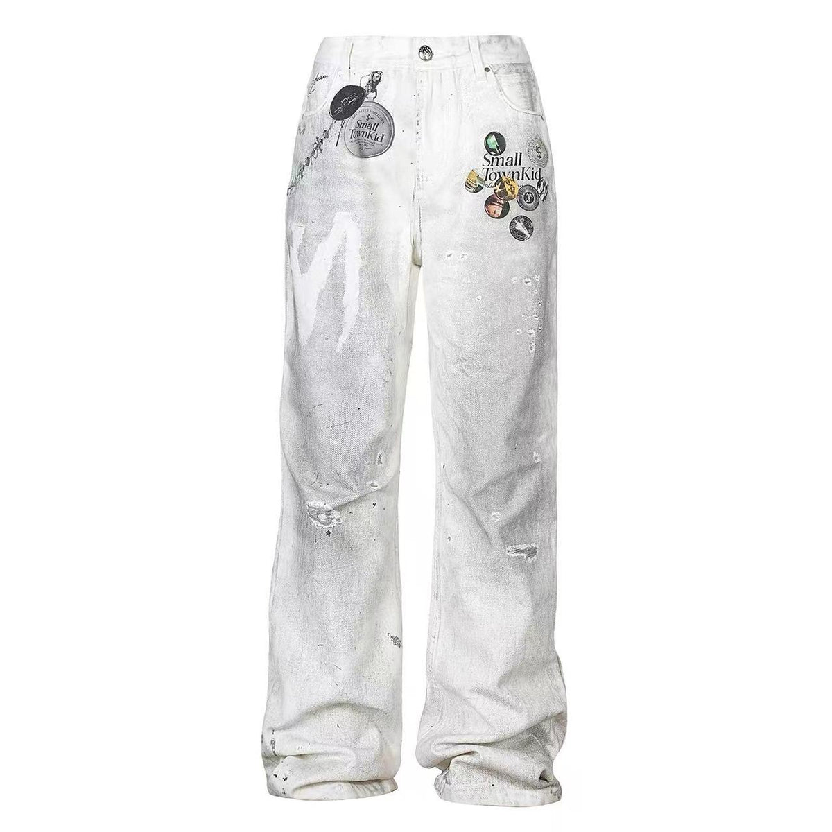 STK Vintage Distressed Wash 3D Badge Print Jeans