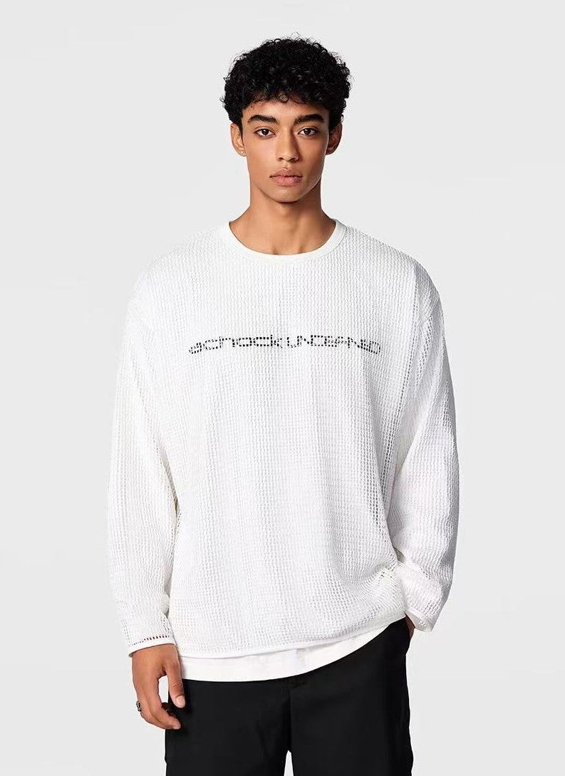 ACHOCK Fake Two-piece Heavy-duty Hollow Printed Long-sleeved T-shirt