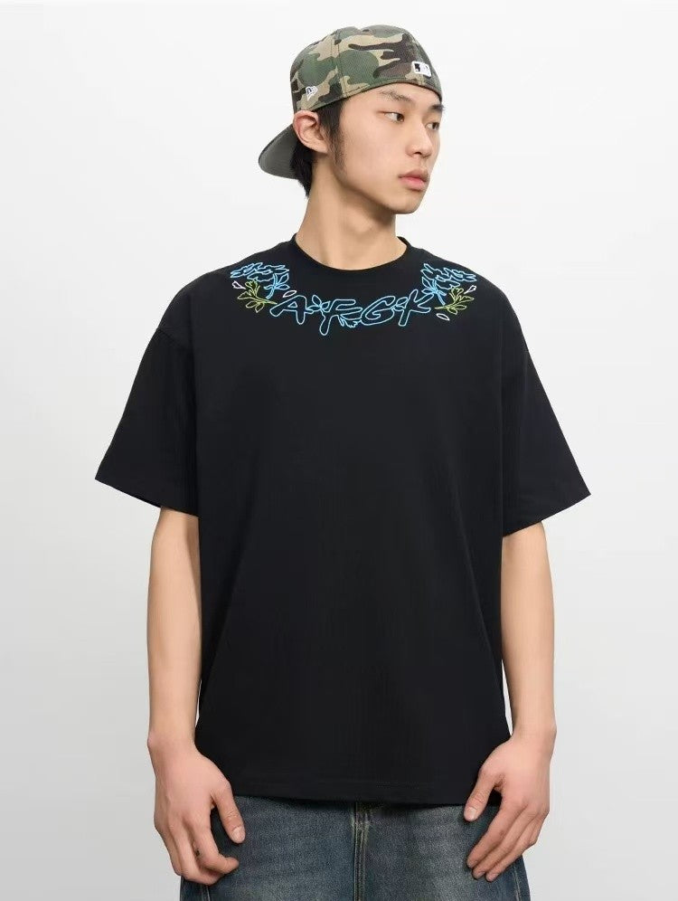 AFGK Floral Necklace Embroidered Short-sleeve T-Shirt