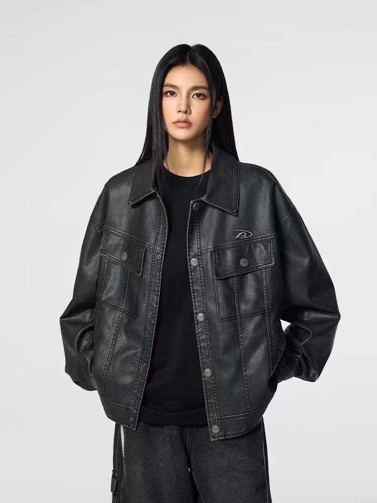 ACHOCK Vintage Washed Lapel Leather Jacket