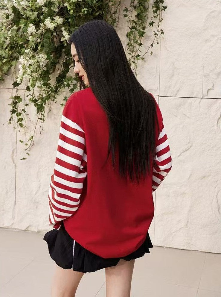 MEDM Contrast Collar Striped Long-sleeve T-Shirt