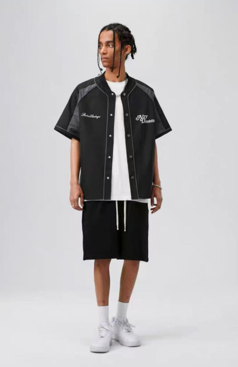 ATRY Raglan Patchwork Baseball Cardigan Short-sleeves T-shirt