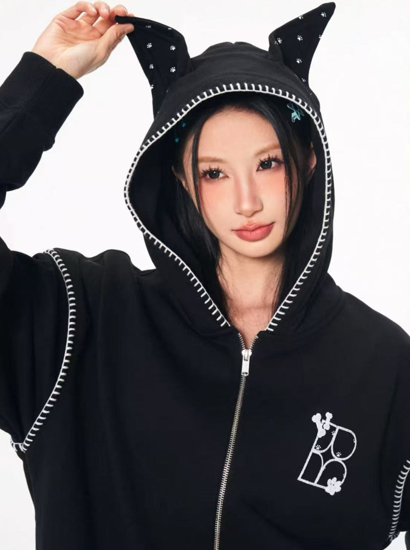 BIPOLAR Dog Ear Patch Zipper Hoodie