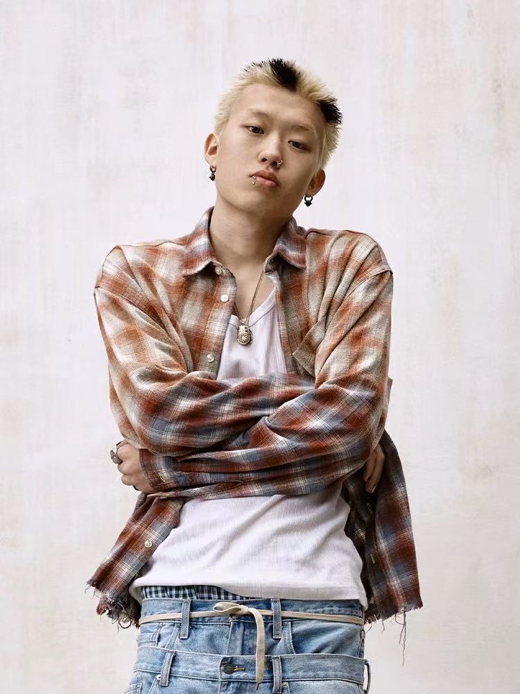 REMEDY Fringed Plaid Long-sleeve Shirt