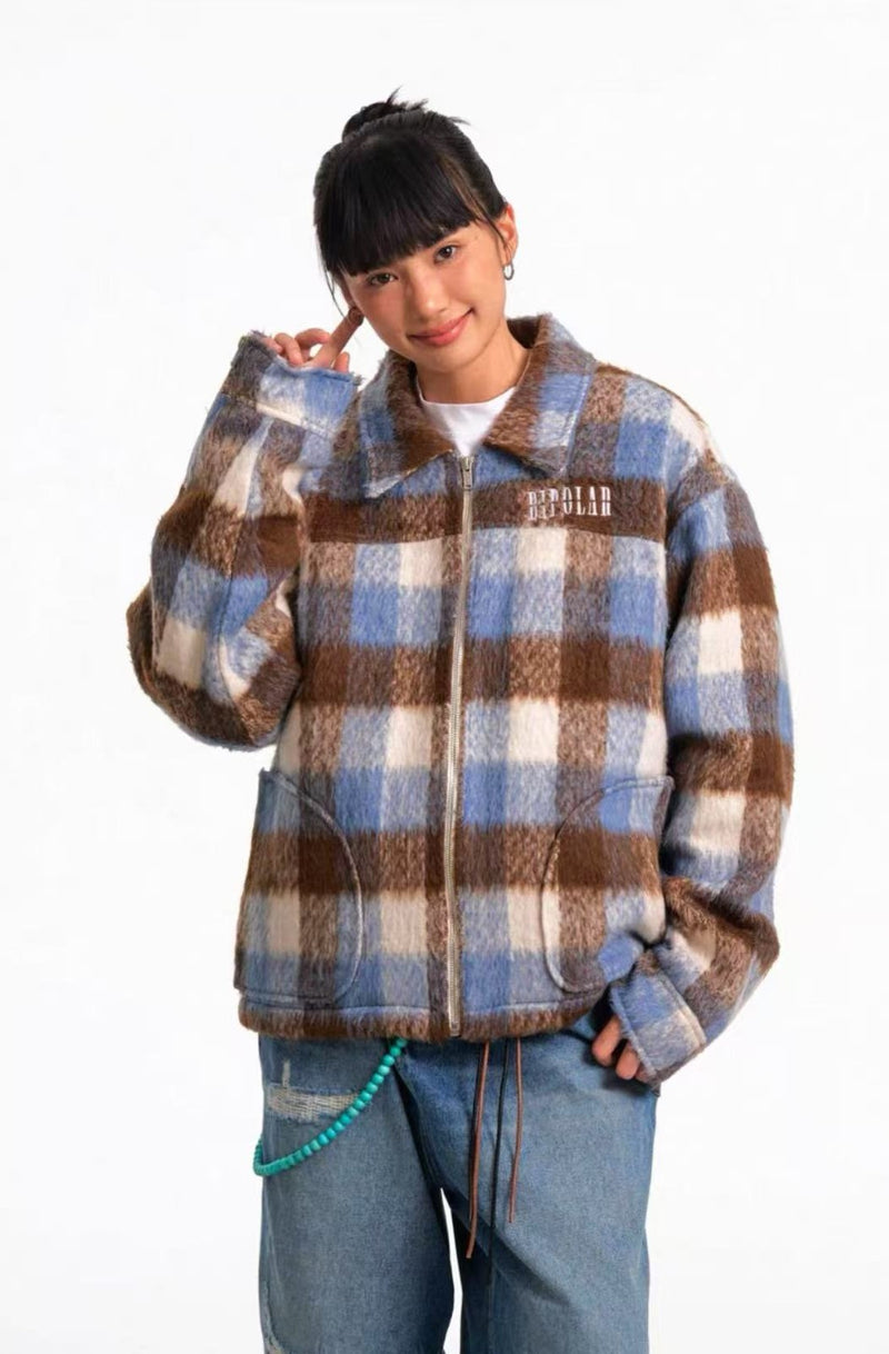 BIPOLAR Plush Plaid Color Block Jacket