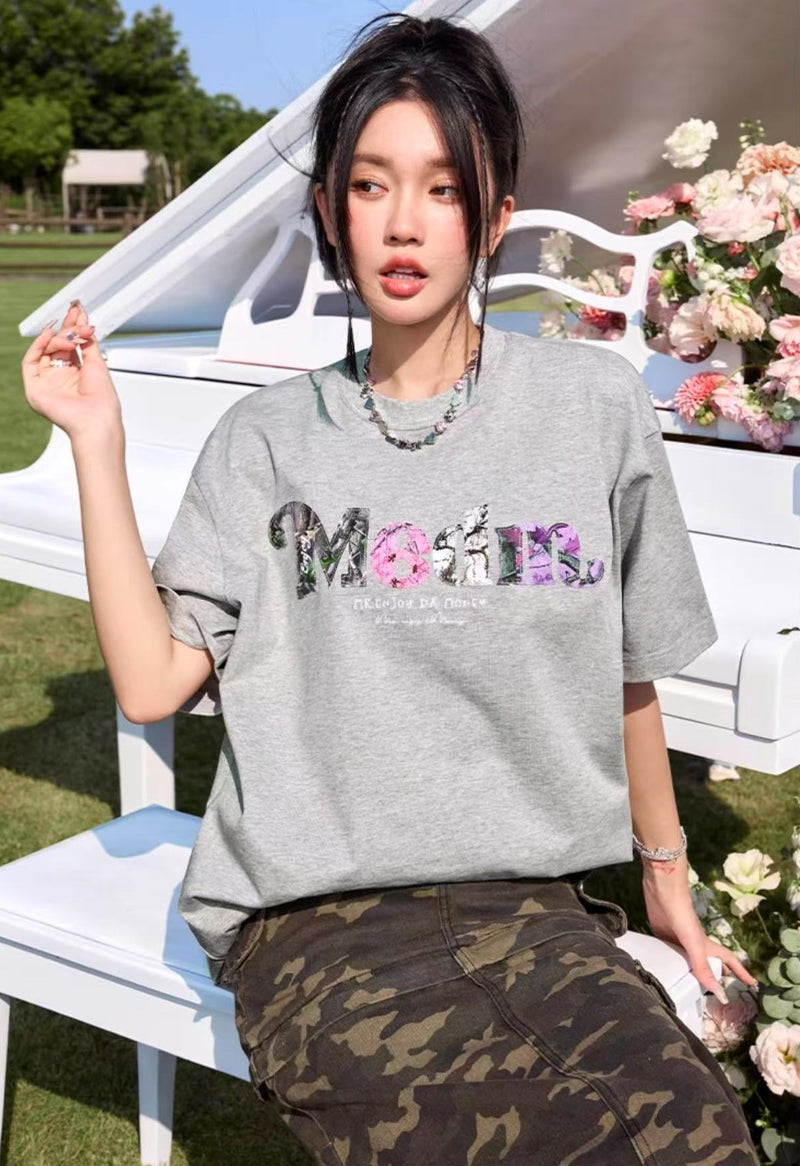 MEDM Floral Fruit Branch Padded Patch Embroidered Short-sleeved T-shirt