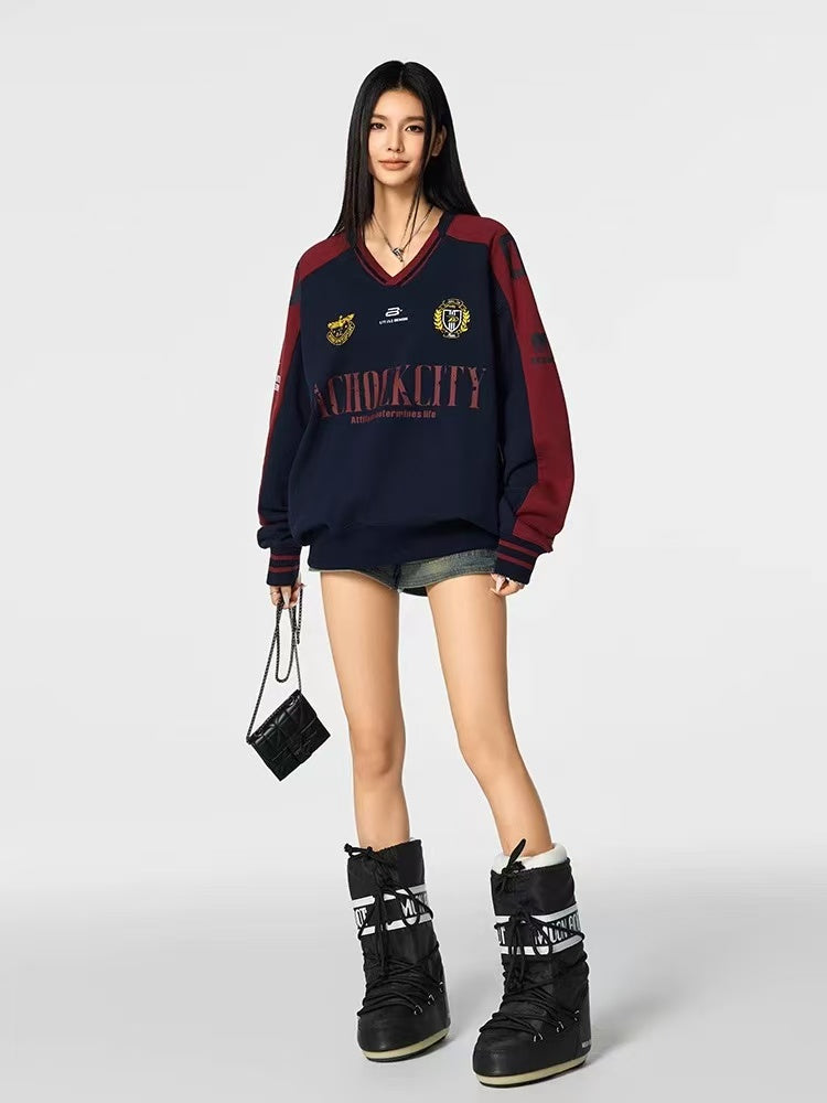 ACHOCK Retro V-neck Logo Design Sweatshirt