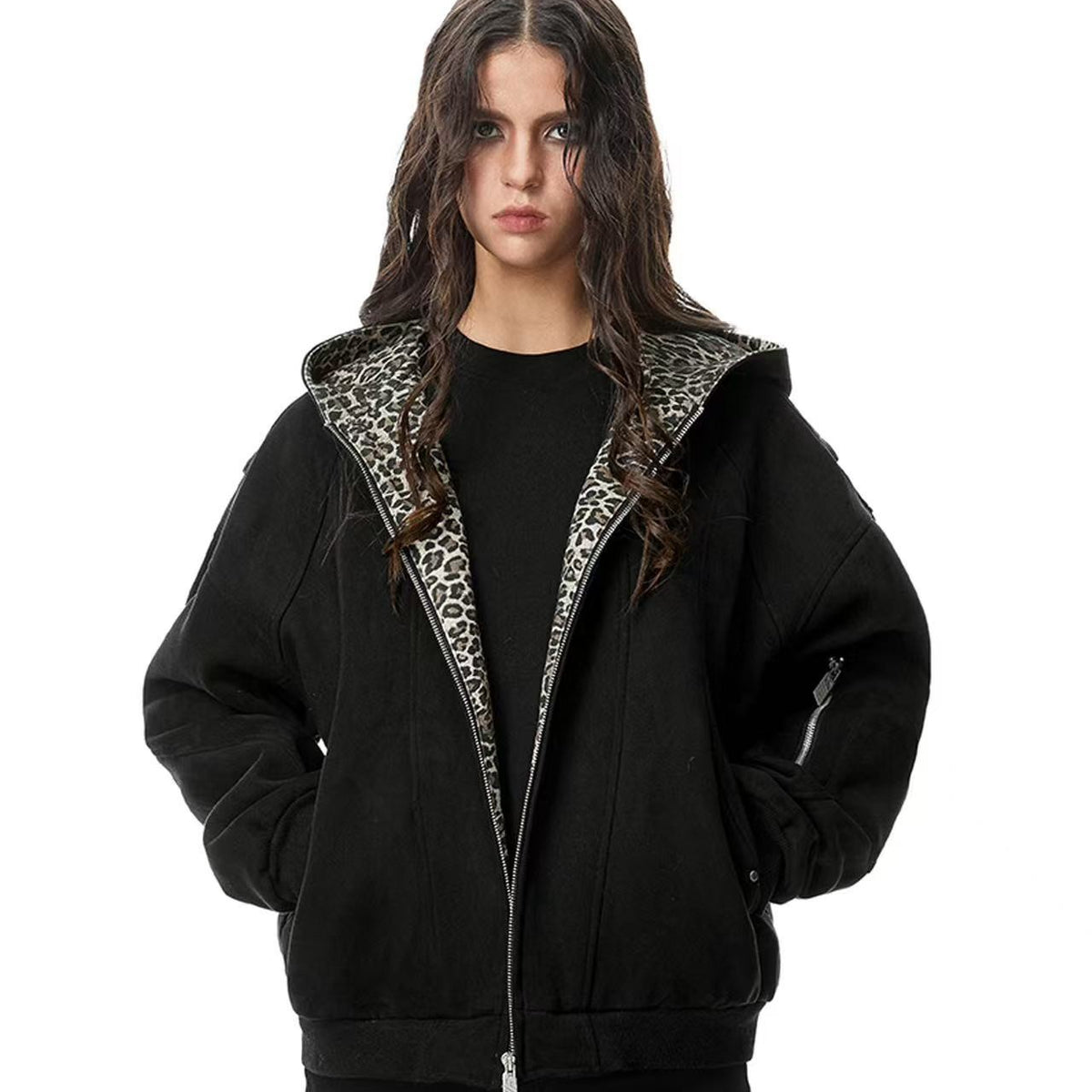 FDR Leopard Print Suede Hooded Jacket
