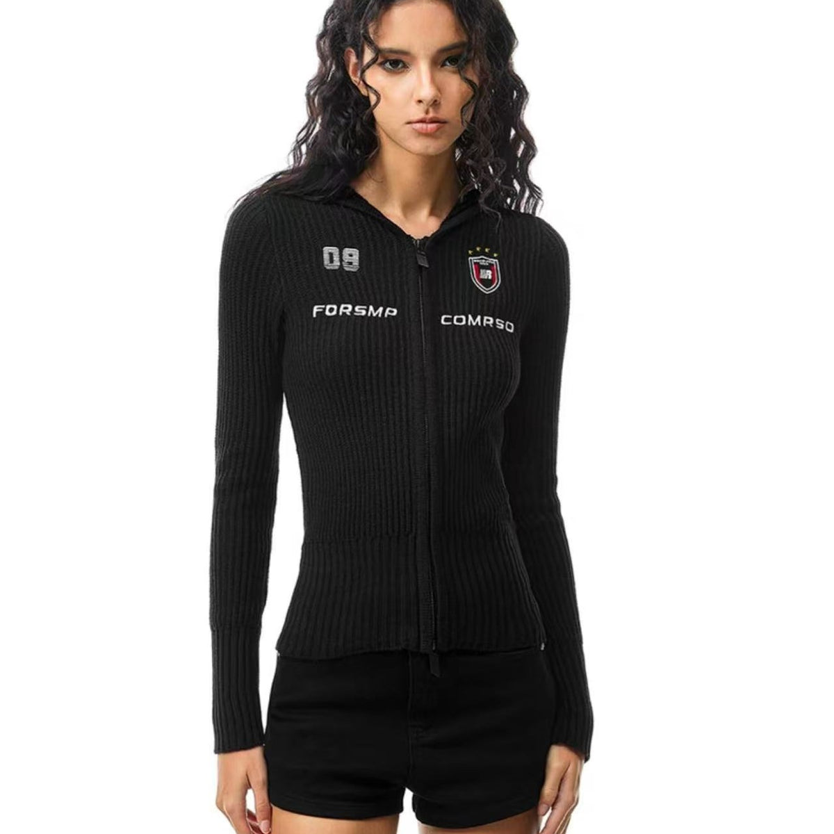FDR Slim Fit Badge Knitted Zipper Hoodie (For Women)
