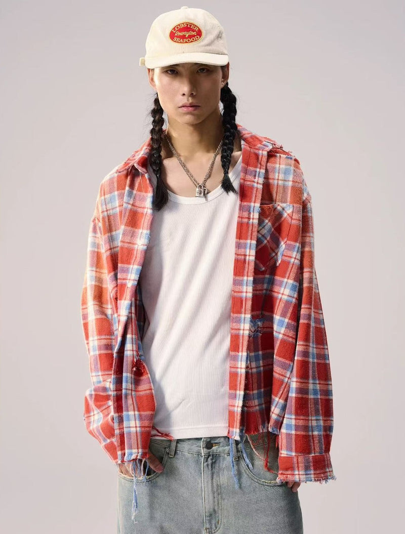 REMEDY Distressed Plaid Long-sleeve Shirt