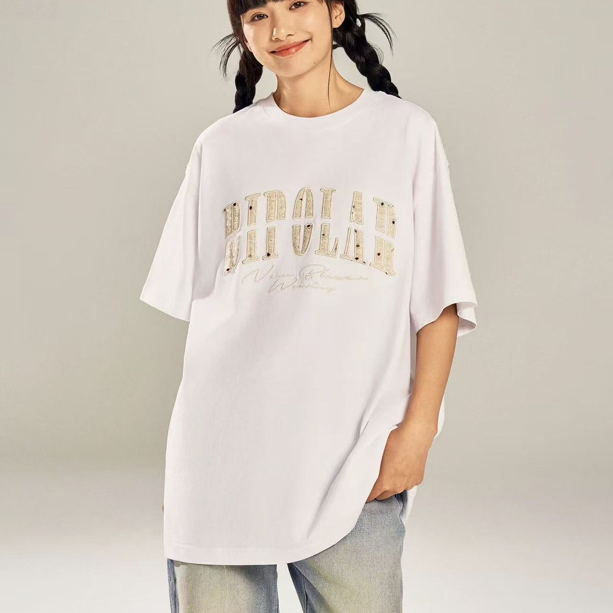 BIPOLAR  Round Neck Patch Embroidered T-shirt