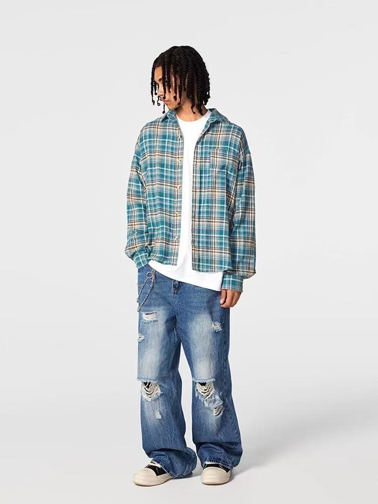 ACHOCK Retro Blue Plaid Long-sleeve Shirt