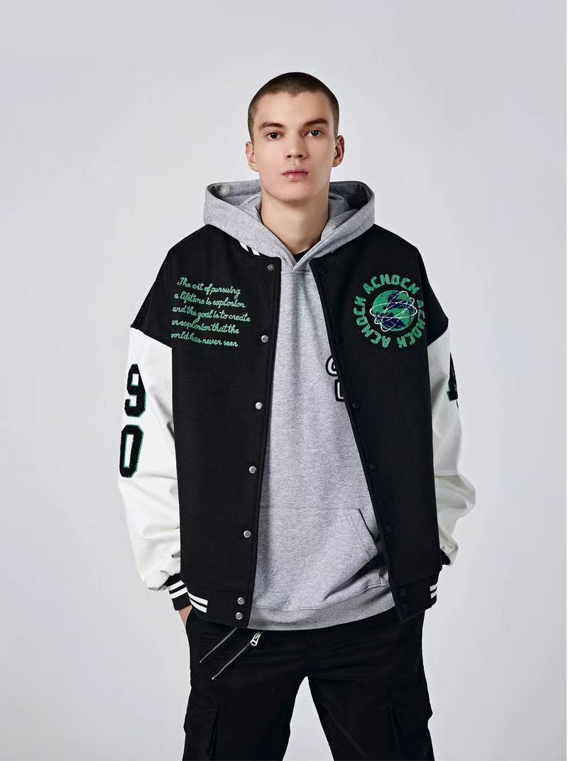 ACHOCK Green Earth Embroidered Baseball Jacket